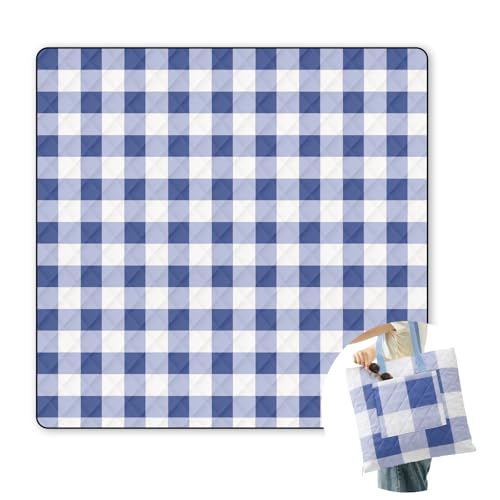 2 in 1 Tote Picnic Blanket Waterproof Outdoor Camping Mat,Large Capacity Beach Blanket 80''x80'' 7 Layers Easy to Foldable and Carry. - color: Bluecheck