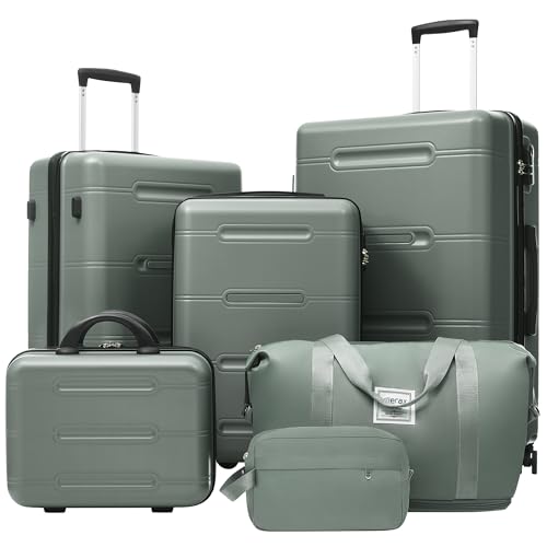 Merax Luggage Set 6 Piece,Lightweight Hardshell Suitcase with Double Spinner Wheels Handle Password Lock,14 IN Cosmetic Case 20/24/28 IN Luggages with Duffel Bag and Toiletry Bag,Army Green - color: Army Green, style: 14+20+24+28+bags