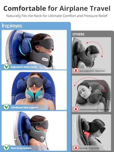 Inspireyes Neck Pillow, Travel Pillow with Seat Strap, 3D Sleep Mask, Dual Support Neck Head, High Supportive Foam Airplane Pillow for Long Flight Road Trip, Stop Bobblehead Travel Essential, Beige - color: Beige