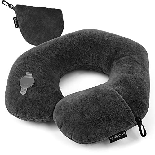 Rewondah Inflatable Travel Pillow, Inflatable Neck Pillow for Traveling Airplane, Travel Pillow with Soft Velour Washable Cover, U Shape Blow Up Neck Pillow for Airplanes Train Car Travel - color: Dark Grey, size: U-Shape