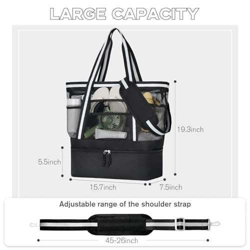 WOOMADA Beach Tote Bag With Cooler, Large Mesh Beach Bags for Women with Wet Pocket, Pool, Swim, Travel Essentials - color: Black White