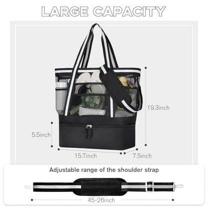 WOOMADA Beach Tote Bag With Cooler, Large Mesh Beach Bags for Women with Wet Pocket, Pool, Swim, Travel Essentials - color: Black White