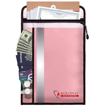 ROLOWAY Fireproof Document Bag (15 x 11 inch) with 2 Pockets & Waterproof Zipper, Fireproof Money Bag, Fire Safe Bag with Reflective Strip, Fireproof Envelope for Cash, Legal Documents Safe (Pink) - size: 15 x 11 inch, style: Fireproof Bag (Lovey Rose)