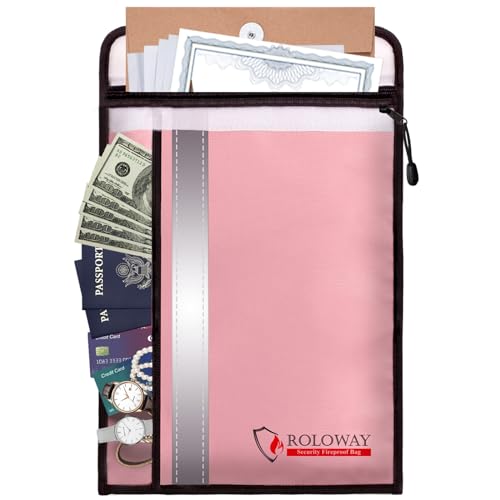 ROLOWAY Fireproof Document Bag (15 x 11 inch) with 2 Pockets & Waterproof Zipper, Fireproof Money Bag, Fire Safe Bag with Reflective Strip, Fireproof Envelope for Cash, Legal Documents Safe (Pink) - size: 15 x 11 inch, style: Fireproof Bag (Lovey Rose)