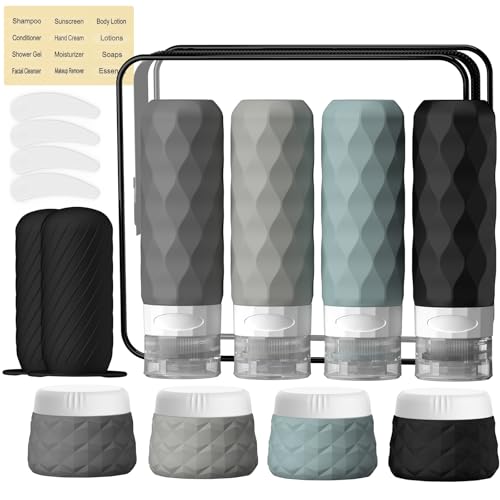 16Pack Travel Bottles for Toiletries, TSA Approved Travel Size Toiletries Containers Set, Silicone Leak Proof Refillable Bottles Elastic Sleeves Creams Jars Accessories Kit W/Clear Bag (Gray) - color: Gray