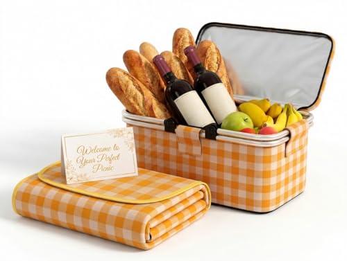 22L Collapsible Picnic Basket with Insulated Cooler, Includes Oversized 80"x80" Waterproof Blanket, Leakproof Aluminum Frame Market Grocery Tote for Family Camping, Beach & Outdoor Dates Yellow Plaid