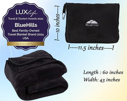 BlueHills 2-Pack Premium Soft Travel Blanket Pillow Airplane Blanket for Two in Soft Bag Pillowcase with Hand Luggage Belt and Backpack Clip, Compact Pack Large Blankets for Travel (Black T014) - color: Black-2pk-t014