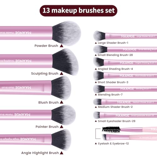 MAANGE 13 PCS Makeup Brushes Professional Make Up Brushes Premium Synthetic Powder Concealers Brushes Travel Makeup Brush Set with Case (Pink) - color: Pink