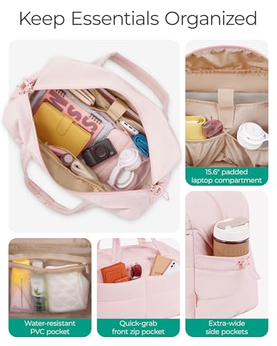 BAGSMART Gym Bag for Women, Lightweight Puffer Duffle Bag 2-PC Travel Bag, 31L Weekender Overnight Bag Quilted Carry On Tote Bag, Diaper Hospital Dance Bag for Travel, Gym, Water Resistant, Pink - color: Baby Pink