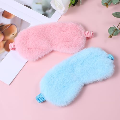 2 Pcs Plush Eye Mask Soft Sleeping Blindfold Eye Cover Comfortable Furry Faux Fur Sleeping Mask Satin Nap Night Eyeshade Cover for Women Men Gift (Blue, Pink) - color: Blue&pink