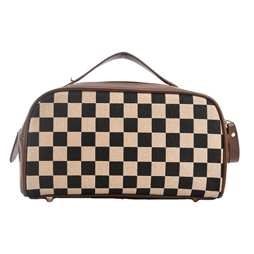 Vintage Makeup Bag for Women Portable Retro Checkered Pattern Cosmetic Organizer Patchwork Style Pillow Storage Pouch Skincare Storage Bag Large Capacity Elegant Handheld Waterproof Handbag (Brown-L) - color: Brown-L