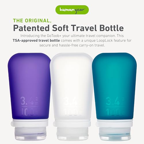 humangear GoToob+ Bottles - Silicone Leak-Proof Travel Tubes for Toiletries, Camping & TSA Carry-On (3-Pack), Large (3.4 fl oz; 100ml), Clear/Purple/Teal - color: Purple/Clear/Teal, size: 3.4 Ounces
