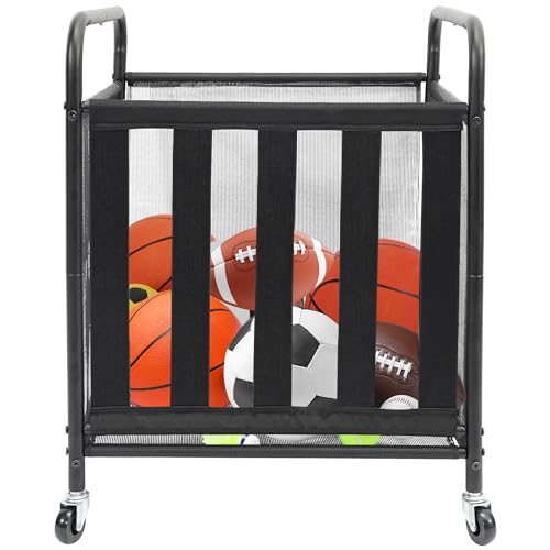 STO STO Rolling Sports Ball Storage Cart, Lockable Basketball Cage with Elastic Straps, Sport Equipment Holder Organizer for Indoor Outdoor, Steel Storage Rack for Playgroud and Gym, 1 Pack, Black - style: 1 Pack