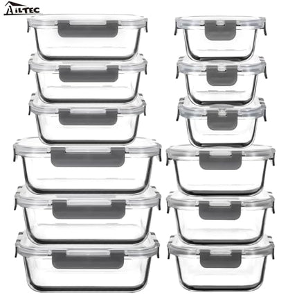 AILTEC 12 Pack Glass Food Storage Containers with Lids, Glass Meal Prep Containers Set with Leak Proof Lids, Airtight Lunch Container for Kitchen, Microwave, Oven, Freezer, Dishwasher Safe, Bpa free - color: gray