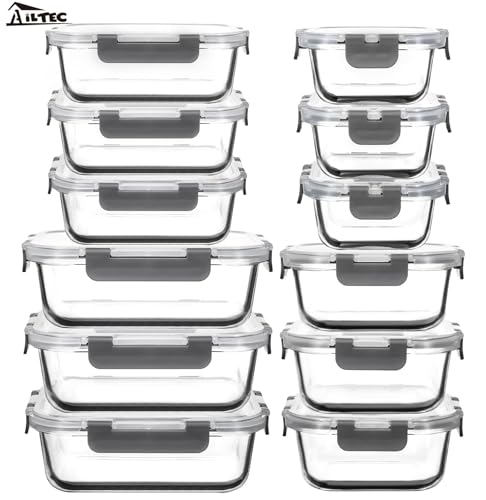 AILTEC 12 Pack Glass Food Storage Containers with Lids, Glass Meal Prep Containers Set with Leak Proof Lids, Airtight Lunch Container for Kitchen, Microwave, Oven, Freezer, Dishwasher Safe, Bpa free - color: gray