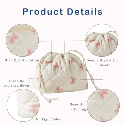 uekeboag Cotton Quilted Drawstring Makeup Bag with Canvas Lining,Coquette Aesthetic Cute Travel Toiletry Bag,Drawstring Gift Bag for Women and Girls（09Little Pink Bow） - color: 09Little Pink Bow