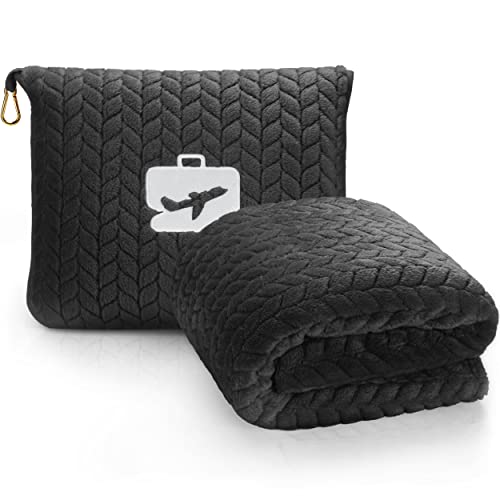 EverSnug Travel Blanket & Pillow 68x42 - Premium Ultra-Soft Microfleece 2 in 1 Compact & Packable Flight Blanket with Soft Bag Pillowcase, Hand Luggage Sleeve and Backpack Clip (Black) - color: Black