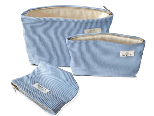 HAPPYHEIDI Corduroy Makeup Bag Set 3 w Compartment Cosmetic Toiletry Travel Pouch Purse Organizer, 3-Size, Soft Misty Blue - color: Misty Blue Corduroy Set of 3 - w Compartment