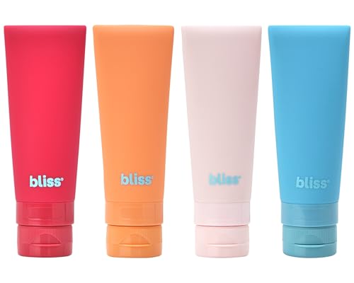 Bliss Travel Bottles Set - 4/7/10 Piece TSA Approved Leak-Free Refillable Travel Size Toiletries Containers for Skincare, Lotion, Shampoo, and Conditioner, 4pc Silicon Amalfi Vibes
