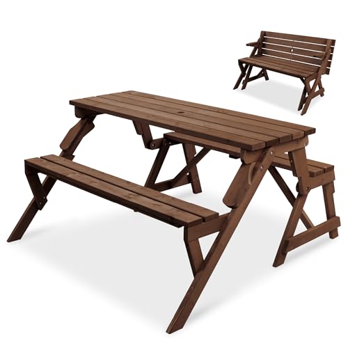 Best Choice Products 2-in-1 Transforming Interchangeable Outdoor Wooden Picnic Table Garden Bench for Backyard, Porch, Patio, Deck w/Umbrella Hole - Walnut - color: Walnut