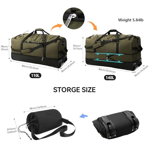 Bagenerous 110L/140L Expandable Soft-Sided Foldable Duffle Bag with 2 Rubber Wheels,Packable 32” Rolling Carry-On with Multi-Pockets & Compartments,Army Green - color: Army Green