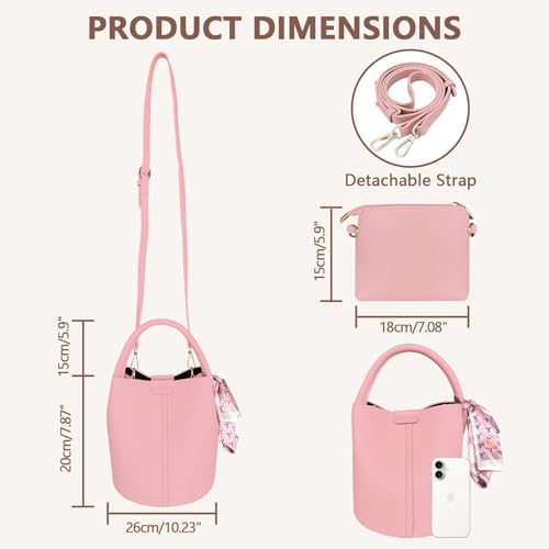Vegan Leather Bucket Bag for Women Crossbody Bucket Purse with Removable Fashion Bucket Handbag - color: Pink