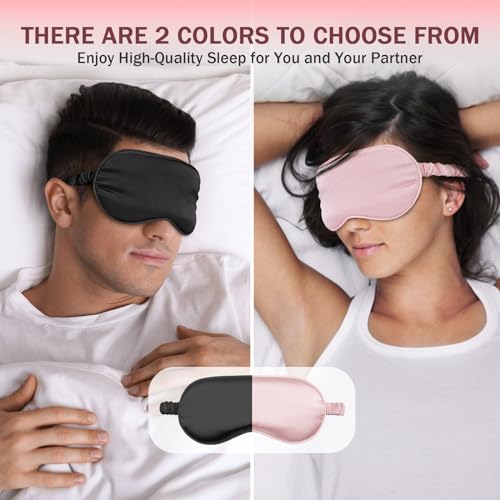 Amrules Sleep Mask Set of 2, Adjustable Silk Eye Mask for Sleeping, Soft Sleeping Eye Shade Cover for Women, Good for Blocking Light, Reducing Puffiness, Enhancing Sleep Quality (Blush Pink & Black)