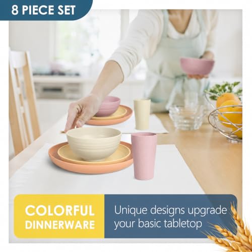 Teivio 32-Piece Wheat Straw Dinnerware Sets for 8, Dinner Plates, Dessert Plate, Cereal Bowls, Cups 13.5oz, Unbreakable Colorful Plastic Outdoor Camping RV Kitchen Essentials Dishes, Pink Ombre - color: Pink Ombre