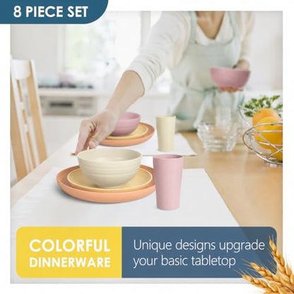 Teivio 32-Piece Wheat Straw Dinnerware Sets for 8, Dinner Plates, Dessert Plate, Cereal Bowls, Cups 13.5oz, Unbreakable Colorful Plastic Outdoor Camping RV Kitchen Essentials Dishes, Pink Ombre - color: Pink Ombre
