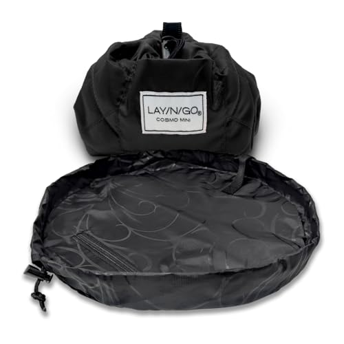 Lay-n-Go Cosmo Layflat Drawstring Cosmetic & Makeup Bag Organizer w/Zipper Pocket, Brush Loops & More, Cinch to Close, Lay Flat to Use, Durable, Machine Wash, Travel Toiletry Bag (16", Black) - color: Black, size: 16 inch