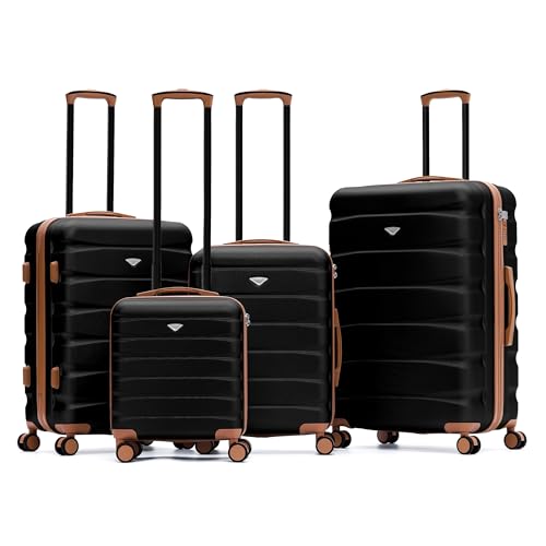 Flight Knight Luggage Set For Travel Expandable 4 Piece Large Checked Bags TSA Lock 360 Silent Double Spinner Wheels Hardside Suitcase With 24x16x10 Carry-On Max Bag Size Virgin, South West Airlines - color: Black/Tan, size: 4 Piece Set (18/24/27/31")