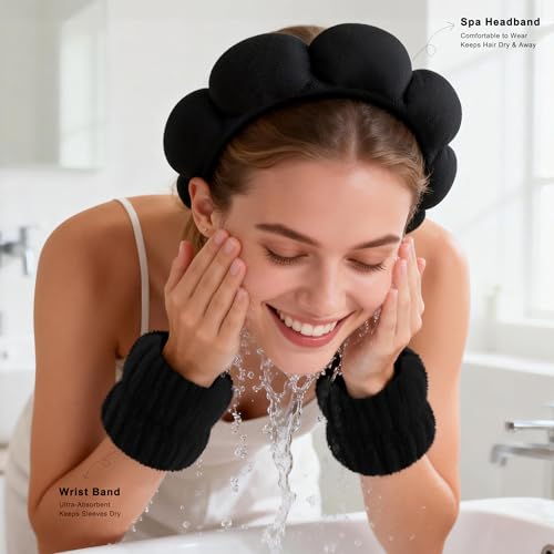 Real Perfection Spa Headband for Washing Face, Skincare Headband Wristband Set for Facial Mask Skin Care, Makeup Remover Towel Cloth Small Spray Bottle with Travel Makeup Bag Gifts for Women - Black - color: Black