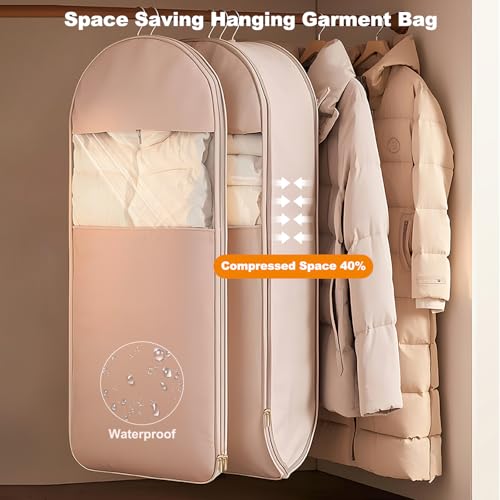 Space Saving Hanging Garment Bag with Self Compression Zipper, Thick Dustproof Garment Bags for Hanging Clothes, Space Saving Garment Bags with Compression Zip Technology (Beige, 51 * 23 * 6IN) - color: Beige