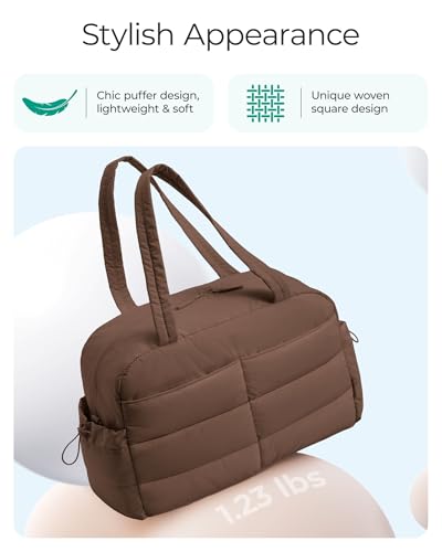 BAGSMART Gym Bag for Women, Lightweight Puffer Duffle Bag 2-PC Travel Bag, 31L Weekender Overnight Bag Quilted Carry On Tote Bag, Diaper Hospital Dance bag for Travel, Gym, Water Resistant - color: Coffee Brown