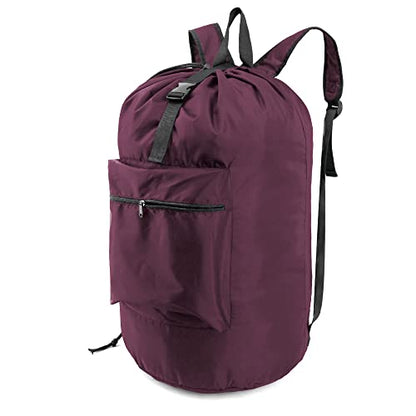 BeeGreen Laundry-Bag-Backpack-Heavy-Duty, Burgundy Nylon Drawstring Portable Laundry Backpack Foldable Extra Large Dirty Clothes Travel Bag College Dorm Apartment Essentials - color: Maroon, style: With Front Zipper Pocket
