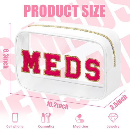 BuyCard Clear Meds Chenille Letter Nylon Makeup Bag - Portable Preppy Patch Cosmetic Toiletry Travel Storage Medicine Bag With Zipper for Women Girls White - color: MEDS-White, style: 1 Pcs-clear