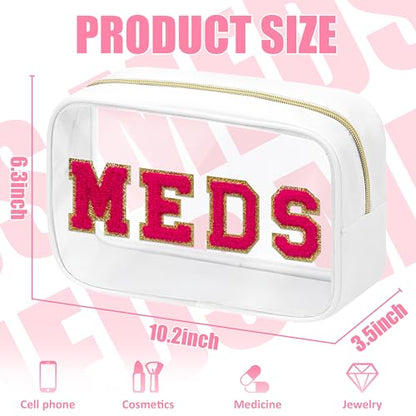 BuyCard Clear Meds Chenille Letter Nylon Makeup Bag - Portable Preppy Patch Cosmetic Toiletry Travel Storage Medicine Bag With Zipper for Women Girls White - color: MEDS-White, style: 1 Pcs-clear