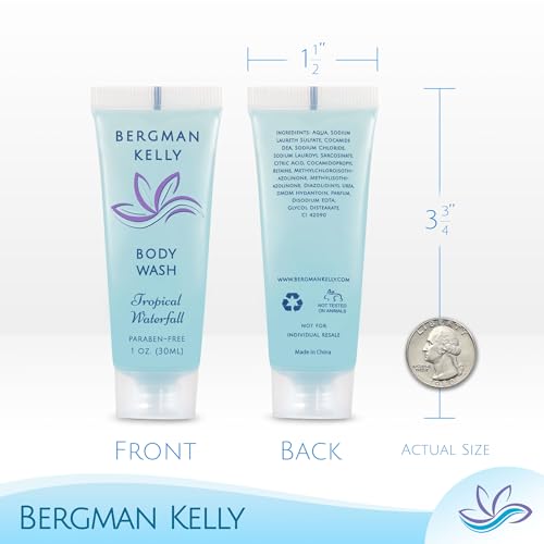 BERGMAN KELLY Travel Size Body Wash (1 fl oz, 200 PK, Tropical Waterfall), Delight Your Guests with an Invigorating and Refreshing Hotel Body Wash, Mini and Small Size Guest Hotel Toiletries in Bulk - size: 1 Fl Oz (Pack of 200)