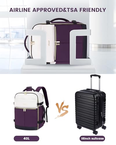 LOVEVOOK 40L Large Travel Backpack for Women, Flight Approved, Waterproof, TSA Compliant, Fits 17.3'' Laptop, 17 Pockets, 3 Packing Cubes - color: Beige-dark Purple-black, size: 40L-17.3 Inch-4Pcs
