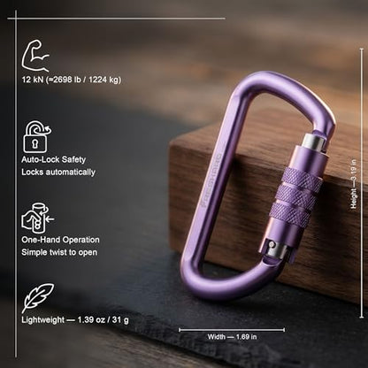 FresKaro 3inch 12kN-2698lbs Auto Locking Carabiner Clips, Solid D Shape, Heavy Duty 7075 Aluminum, Lightweight 1.09oz, Rust Proof, for Hammock, Hiking, Dog Leash, Keychain etc., Multi-Colors - color: Purple-3pcs
