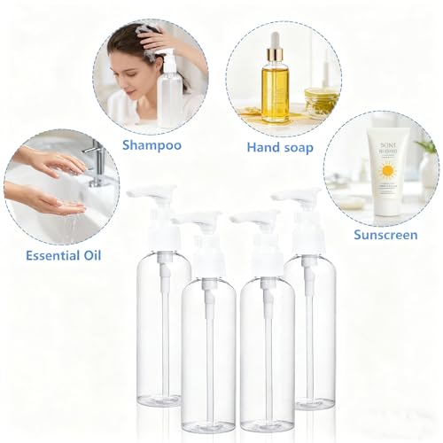 DTDNZKN 4 Pack 3.4 Oz (100ml) TSA Approved Travel Pump Bottles for Toiletries Clear Travel Size Bottles Leak Proof with Labels