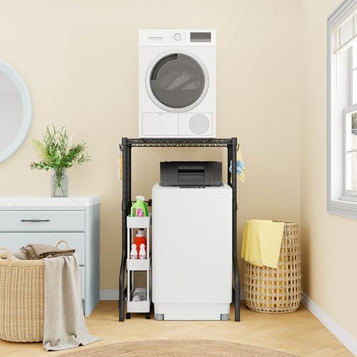 ULIFHOME U16 Upgraded Washer Dryer Stacking Rack for Narrow Laundry Room and Bathroom, Metal Over Washer and Dryer Storage Shelves for Saving Space, 29.5" W x 23.6" D x 53.1" H, Black - color: Black