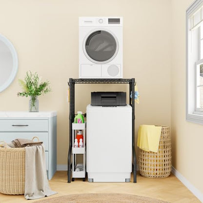 ULIFHOME U16 Upgraded Washer Dryer Stacking Rack for Narrow Laundry Room and Bathroom, Metal Over Washer and Dryer Storage Shelves for Saving Space, 29.5" W x 23.6" D x 53.1" H, Black - color: Black