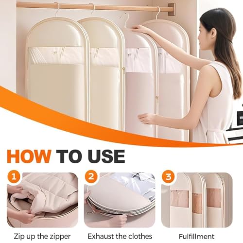 Space Saving Hanging Garment Bag with Self Compression Zipper,2025 New Space Saver Closet Organizers,Down Coat Compression Dust Cover for Closet Storage(Cream,90cm) - color: Cream, size: 90cm