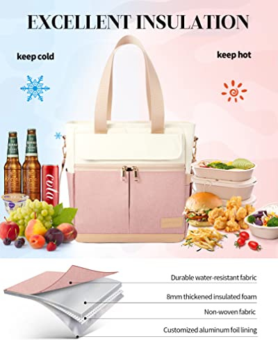 JOYHILL Lunch Bag for Women, Lunch Tote Leakproof Insulated Lunch Box with Shoulder Strap, Adult Reusable Lunch Cooler Tote Bags for Work Picnic Camping Beach (A-PINK) | Leakproof Insulated, Shoulder Strap, Reusable Cooler Tote, For Work Picnic Camping Be