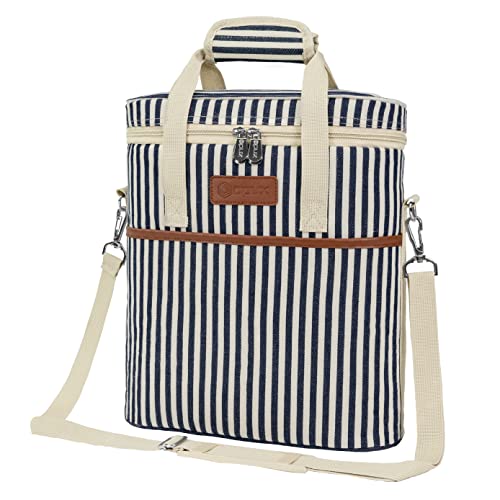 Opux 3-Bottle Wine Carrier Tote, Insulated Leakproof Cooler Bag, Portable Wine Bottle Tote for Picnic, BYOB, Beach - Stripe - color: Navy Stripes