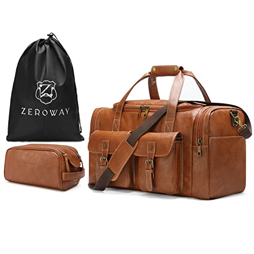 Zeroway PU Leather Travel Duffel Bag with Toiletry Dopp Kit and Laundry Bag, Weekender Overnight bag Luggage Carry-On Bag with Shoe Pouch for Men or Women Brown - color: Brown-travel set