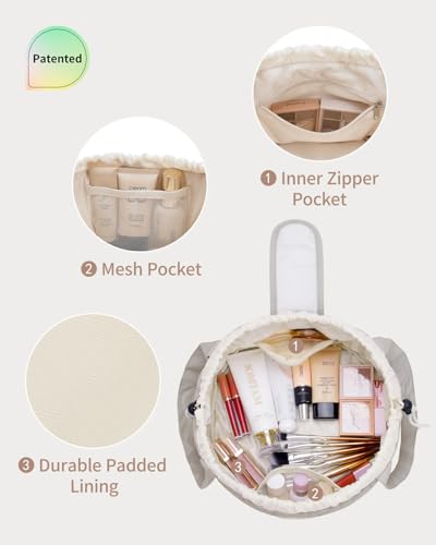 Narwey Lay Flat Open Drawstring Makeup Bag, Large Quilted Cosmetic Bag for Women Girls, Cute Make up Bags with Handle, Portable Travel Toiletry Bag for Skincare, Brushes & Travel Essentials (Khaki) - color: B-Quilted Khaki