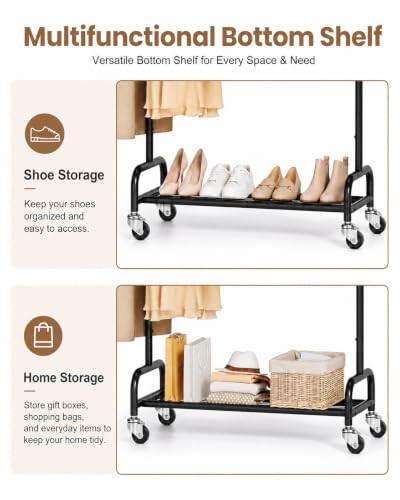 APEXCHASER Rolling Clothes Rack - Metal Garment Rack with Mesh Base | Heavy duty clothing rack with wheels, portable hanging clothes rack for bedroom, laundry room