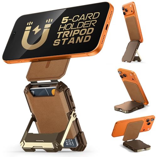 SUPCASE for MagSafe Wallet with Stand, Magnetic Genuine Leather Wallet for Men, [Hold 5 Cards] [Adjustable Stand] [RFID Blocking] Phone Card Holder Tripod for iPhone 17/16/15/14/13/12 Series, Brown - color: Brown